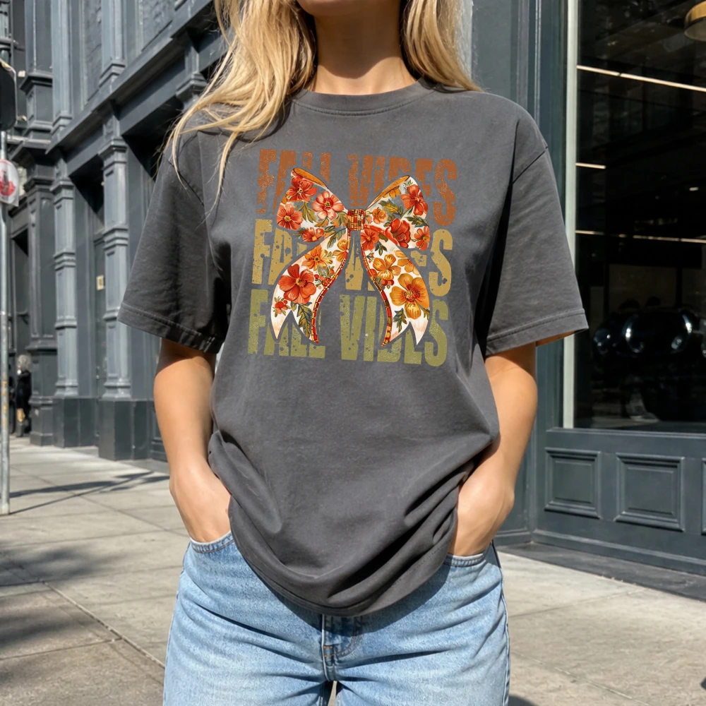 Fall Vibes Women T Shirt Vintage Distressed Floral Bow Overlay Letter Autumn Leaf Retro Stylish Casual Ladies Short Sleeve Top