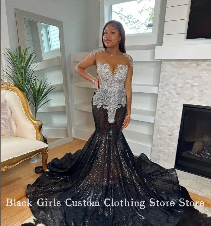 

Сверкающее черное элегантное платье для выпускного вечера 2025 для черных девочек, роскошное платье с кристаллами и стразами, расшитое бисером, платье fiesta mujer по индивидуальному заказу