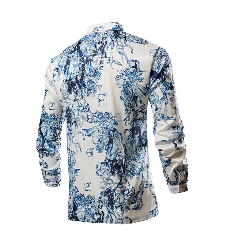 New Chinese Style Print Casual Shirts Men's Long Sleeve Stand Collar Vintage Flower Shirt Male Beach Fashion Blouse Plus Size