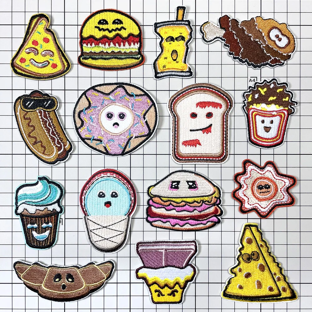 Bread Burger Pizza Hot Dog Patches Embroidery For T-Shirt Iron On Appliques Clothes Jeans Stickers Badges Parches