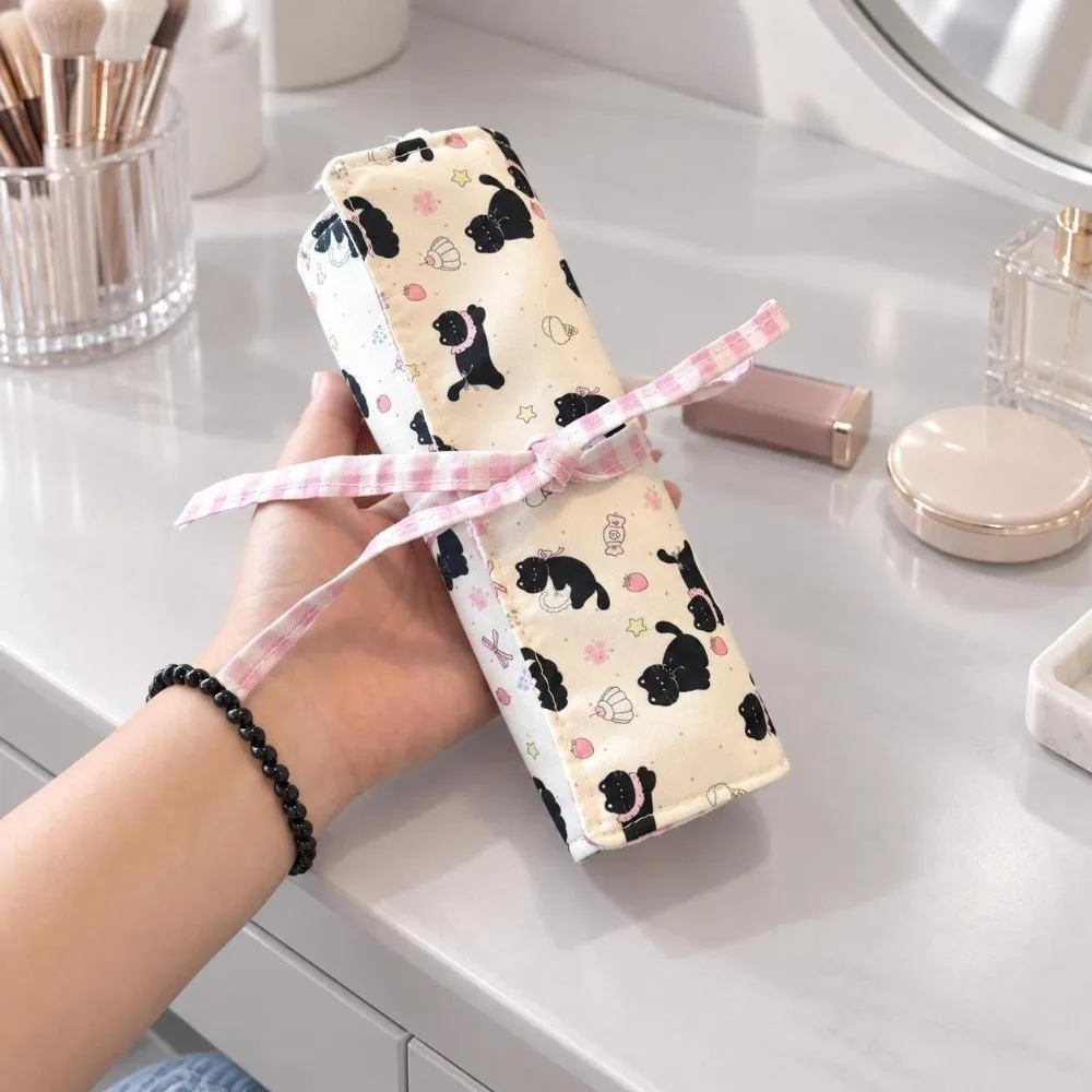 Multi-Slot Makeup Brush Roll Bag Roll-Up Ribbon-Tie Cosmetic Brush Pouch Grid Pattern Lightweight Brush Storage Wrap