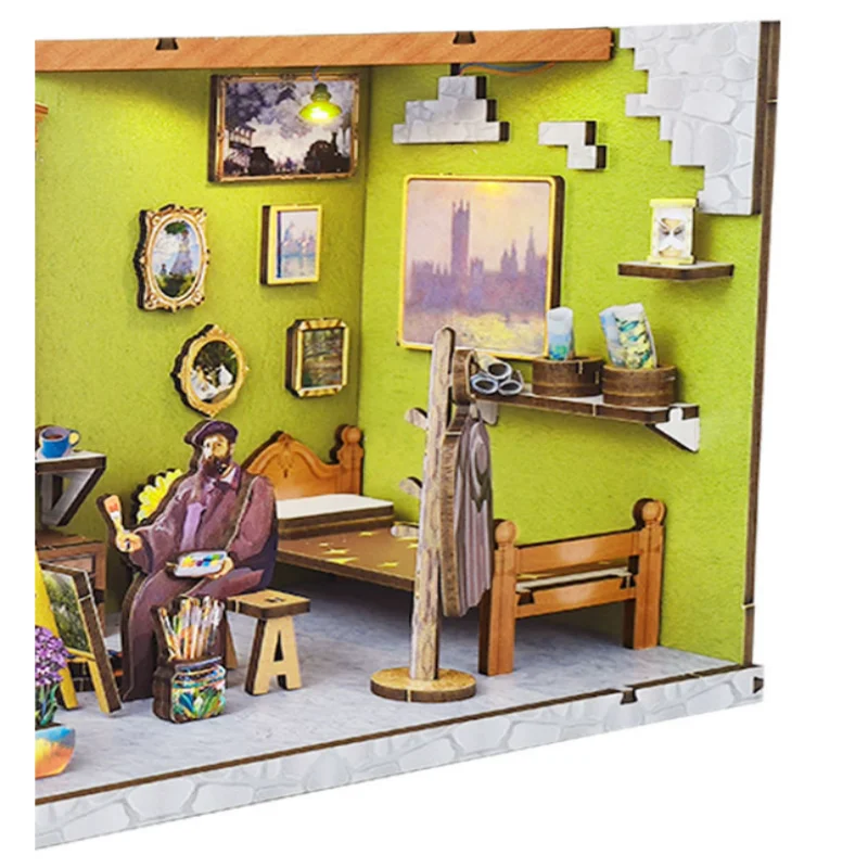 OUZEY Impressionist Art Studio DIY، غرفة خشبية مصغرة ثلاثية الأبعاد، مجموعة أدوات رسام Atelier للمراهقين #3