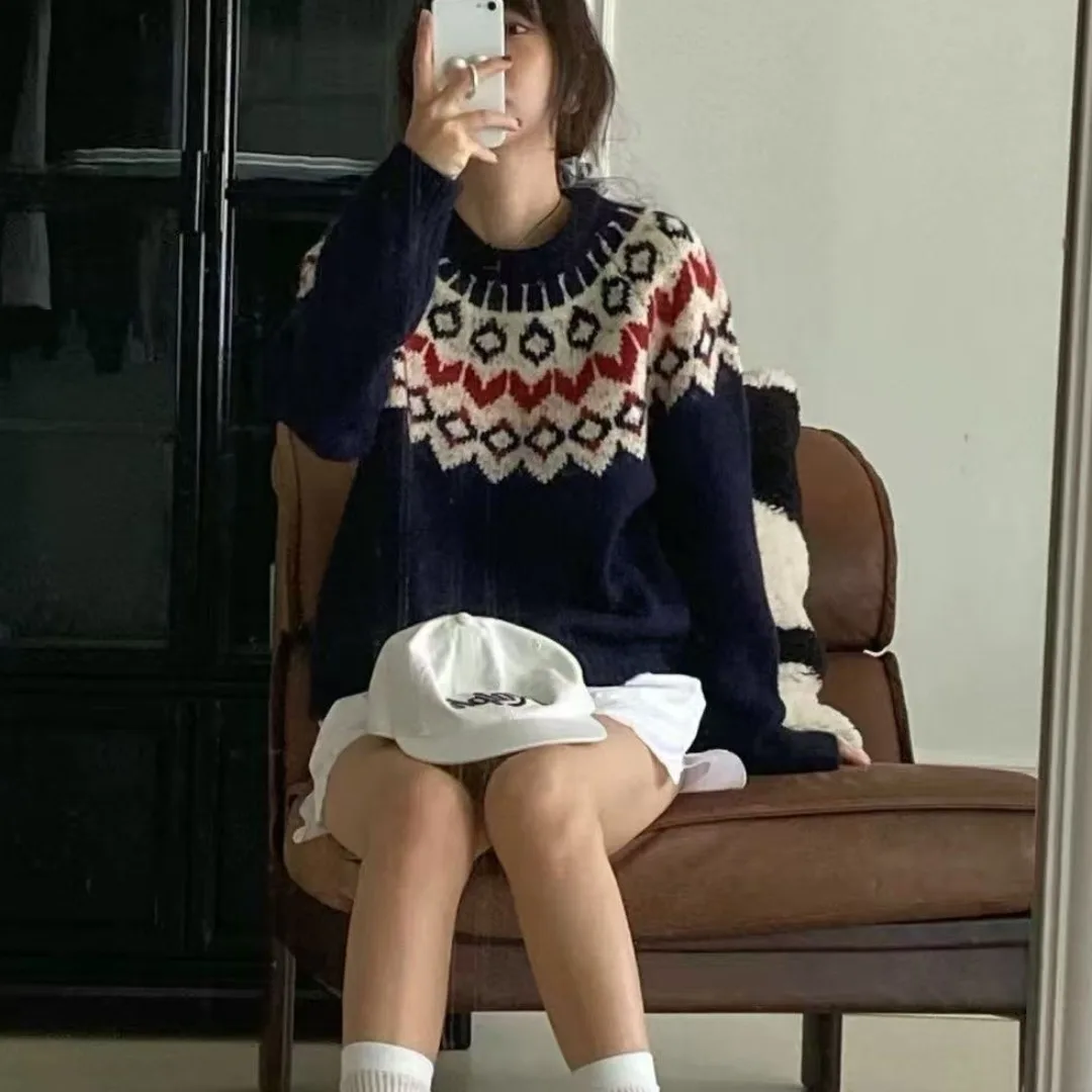Женский свободный вязаный свитер на осень-зиму в скандинавском стиле в стиле ретро, повседневная футболка с внутренней частью Fair Isle, топ на голову
