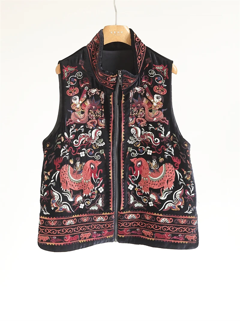 

Женский жилет R5626 из вышитого шелкового бархата с высоким воротником на молнии, в китайском стиле, для многослойных образов