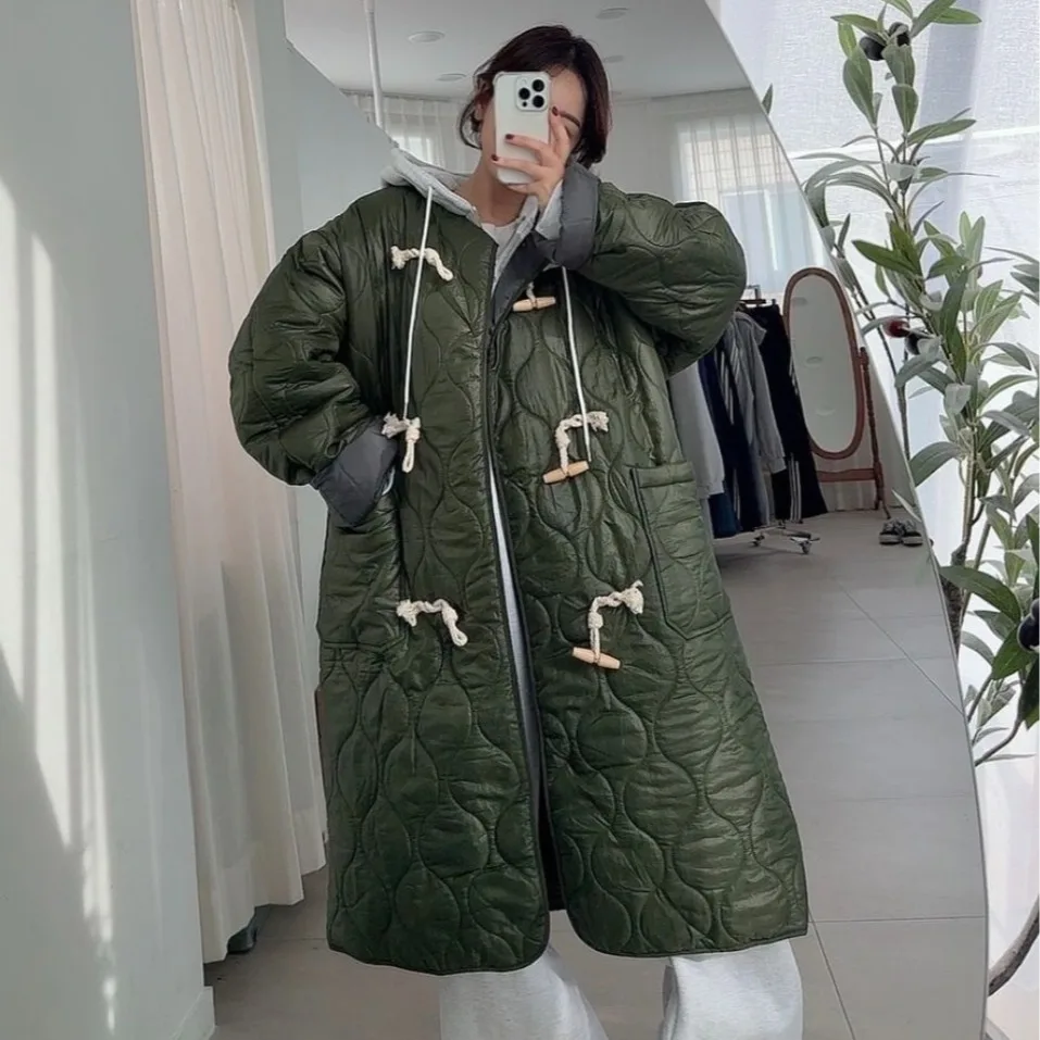 Rétro Long coton Jaet avec boutons de corne coréen Sle femmes printemps automne hiver vêtements d'extérieur décontracté rue Faion