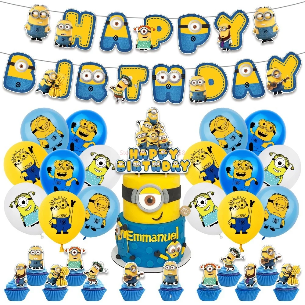 Cartoon Minions Nieuwe Thema Kinderen Verjaardag Thema Decoratie Levert Eenmalige Vlag Hijsen Ballon Achtergrond Set Cadeau