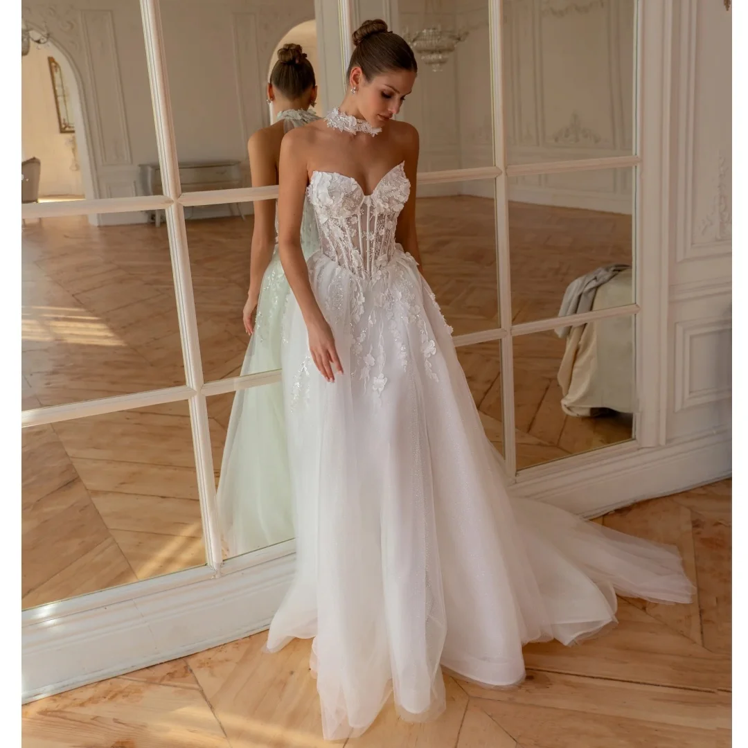 

Strapless Corset Wedding Dresses with 3D Floral Appliques Bridal Gown Detachable Cape Party Dress robe de mariée Customized