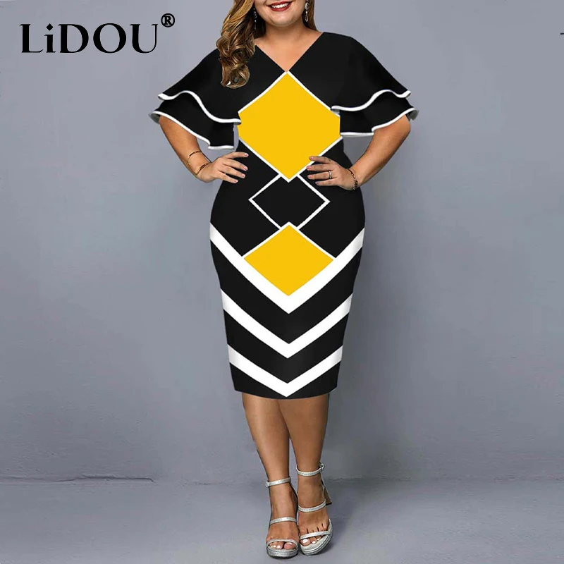 Summer Autumn Plus Size Fashion Elegant Design Package Hip Dress Women Ruffled Slim Geometric Dress Female Y2K Chic Party Dress