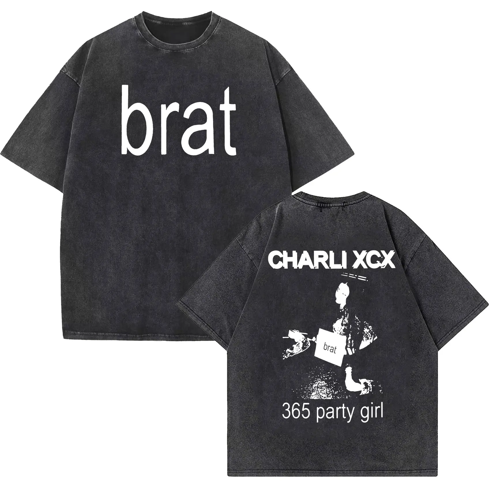Charli Xcx Brat 2024 Tour Album Letter Print T Shirts Men Hip Hop High Quality Vintage Washed Fashion T-shirt Unisex Streetwear image 3