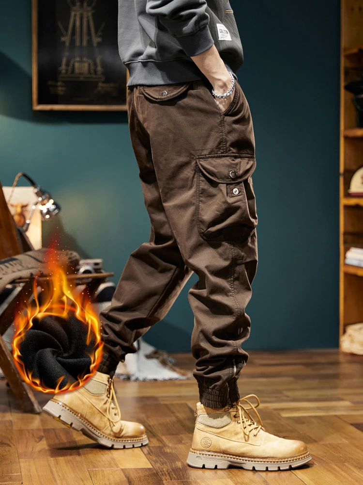 2023 New Winter Men's Cargo Pants Multi-Pockets Thicken Fleece Warm Overalls Zip Leg Slim Joggers Cotton Casual Thermal Trousers