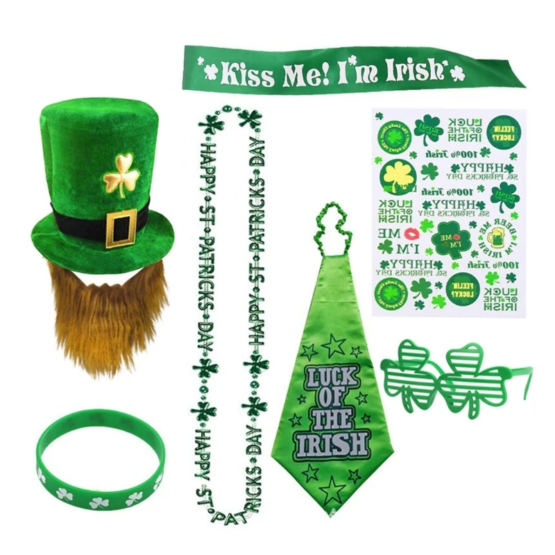 7Pcs Patrick Costume Set Leprechaun Hat with Beard, Kiss Me Bead Necklace, Long Tie, Bracelet, Glasses, Stickers HXBA