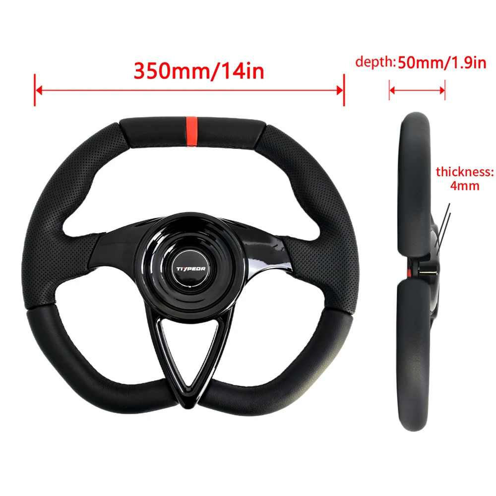 TIYPEOR 350mm Sports Steering Wheel Black 5mm Bracke  Falt D-shaped Racing Steering Wheel With Red Interface