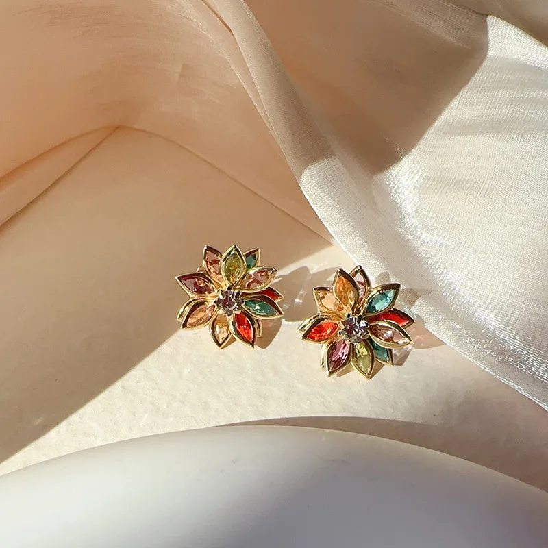 French Luxury Shiny Colorful Crystal Flower Petal Earrings 2024 Fashion Jewelry For Women Christmas Party Exquisite Accessories