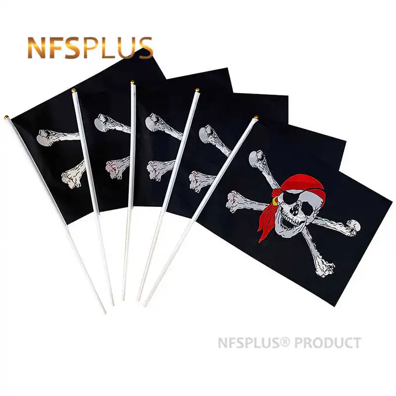 10PCS Handheld Pirate Flags Small Stick 14x21cm Polyester Black Skull Blackjack Jolly Roger Corsair Custom Flag With Flagpole