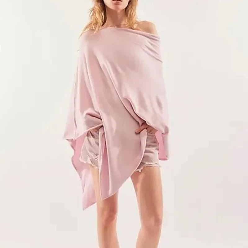 Combhasaki المرأة فضفاضة تناسب غير المتكافئة مثلث هيم المعطف كيب متماسكة سترة Y2k الخروج الصلبة Capelets فلوي شال غطاء #2