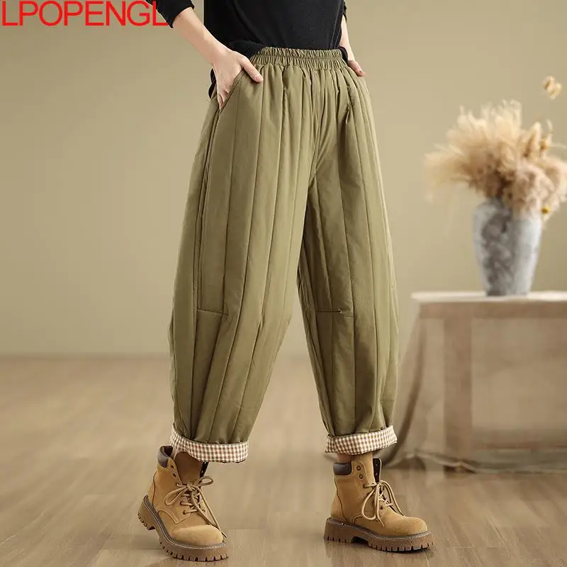 Women\'s Versatile Wide-leg Pants New Autumn And Winter Loose Thickened Elastic Waist Casual Vintage Patchwork Cotton Trousers