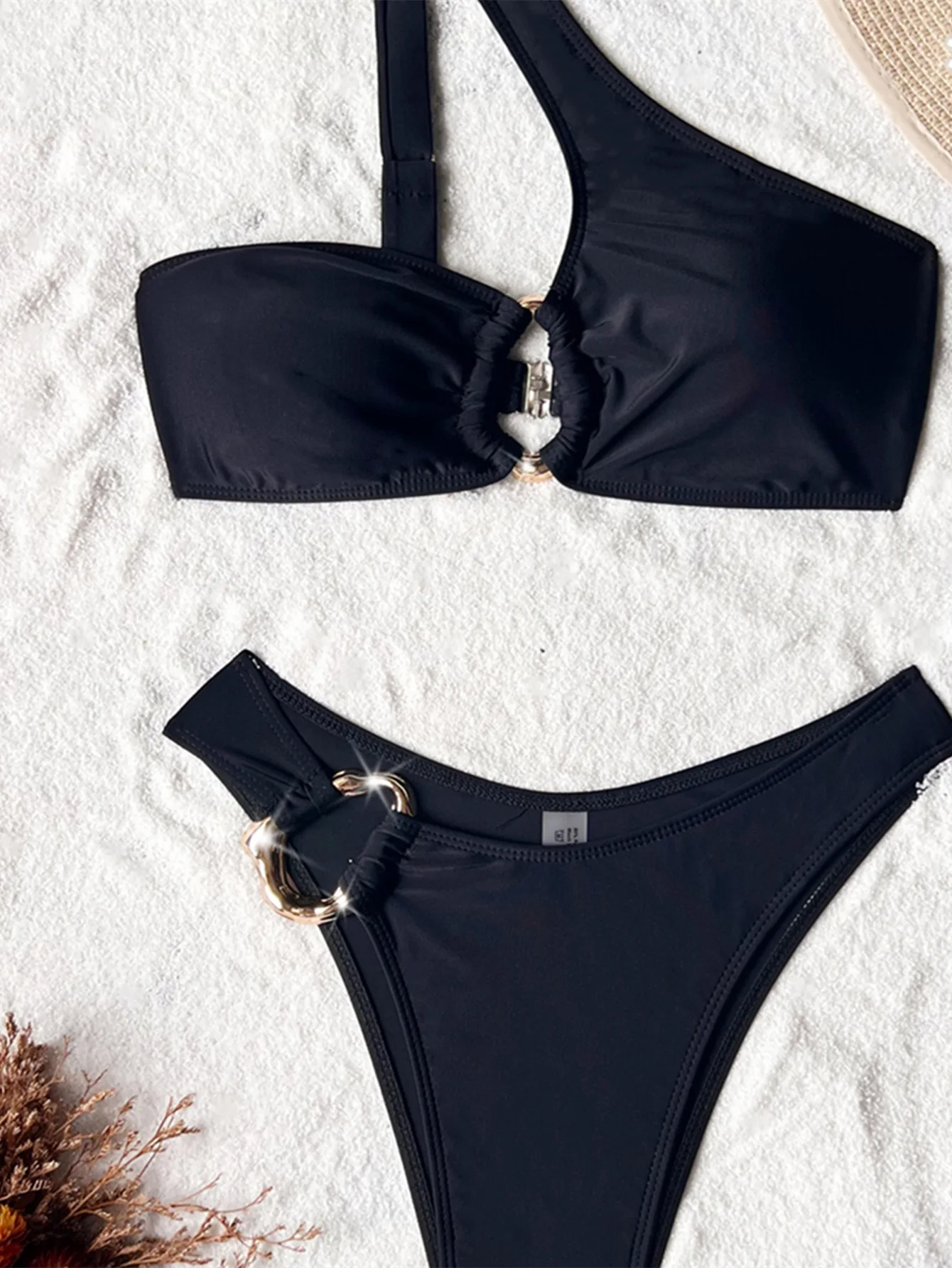 bikini nero sexy irregolare set due pezzi anello in metallo colletto obliquo costumi da bagno costume da bagno abiti da spiaggia costumi da bagno biquini tankini