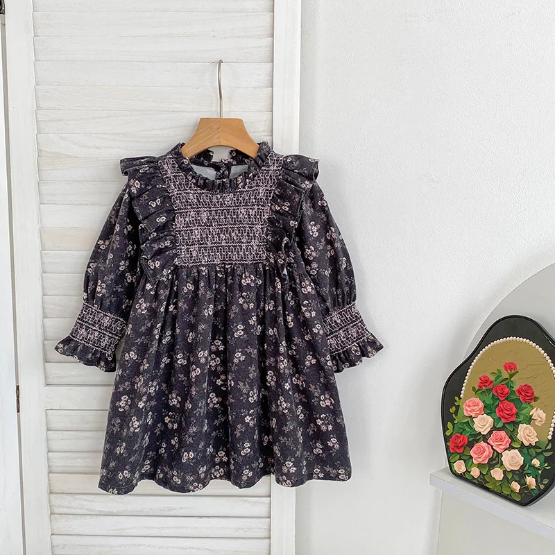 Girls' Dress Korean Floral Pull Up Long Sleeved Girls' Dress Spring and Autumn Style Stacked Collar Western-style Children Dress