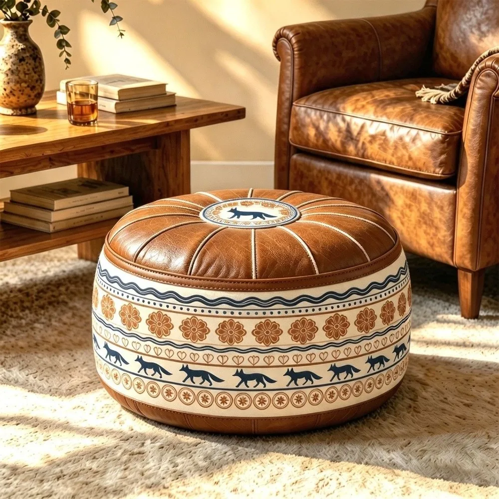 PU Leather Round Sofa Stool Cover Space-Saving Vintage Seat Cushion Cover Unfilled Waterproof Storage Leg Bench Apartment