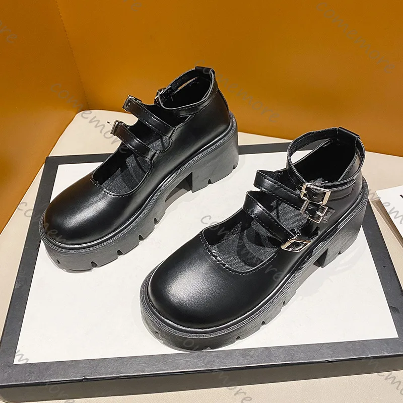 

Comemore/Новые туфли Мэри Джейн на высоком каблуке в стиле ретро с неглубоким носком, черные туфли-лодочки в студенческом стиле с пряжкой на ремне и толстой подошвой для женщин