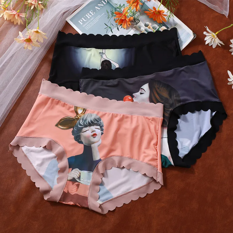 5Pcs/Set Women Panties Seamless High Stretch Soft  Cartoon Beauty Print  Underwears Girl Underpants Plus Size 5XL Briefs