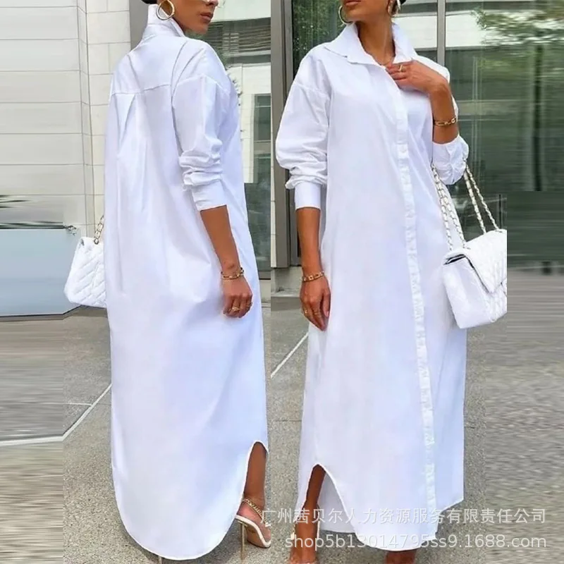 Womens Dress New 2023 New White Long Lapel Long Sleeve Test Split Shirt Dresses for Women