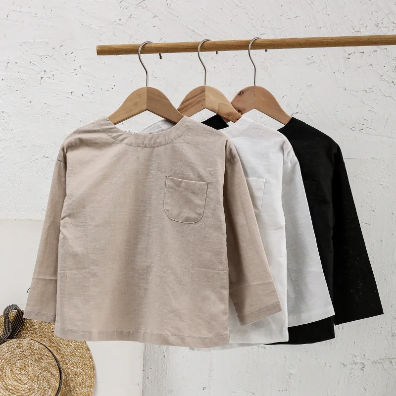 

2024AW Autumn and Winter Cotton Linen Long Sleeved T-shirt for Boys Casual Shirt Patch Pocket Round Neck Top