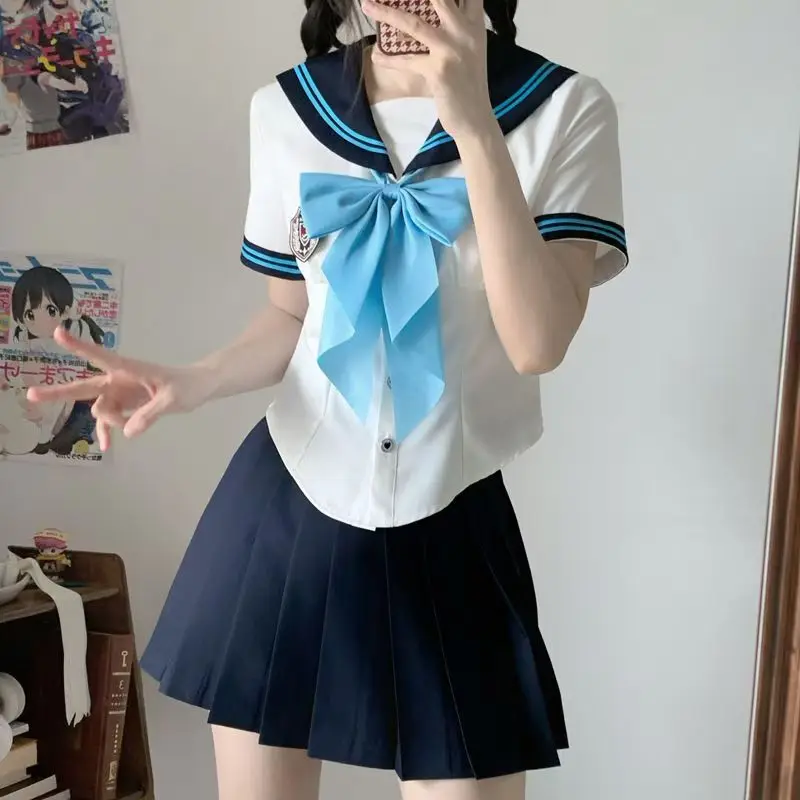 Japanische jk Uniform Seemann Outfits adrette Stil blau und weiß gemischte Farbe Streifen kurze Ärmel Top Falten rock Anzug für Mädchen