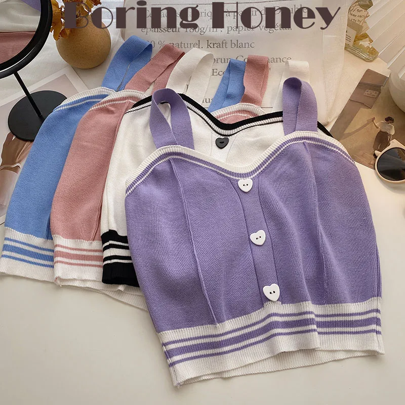 Boring Honey Women Crop Top Love Button Sleeveless Knitted Tops Contrast Color Summer Women Fashion Be All-Match V-Neck Tops