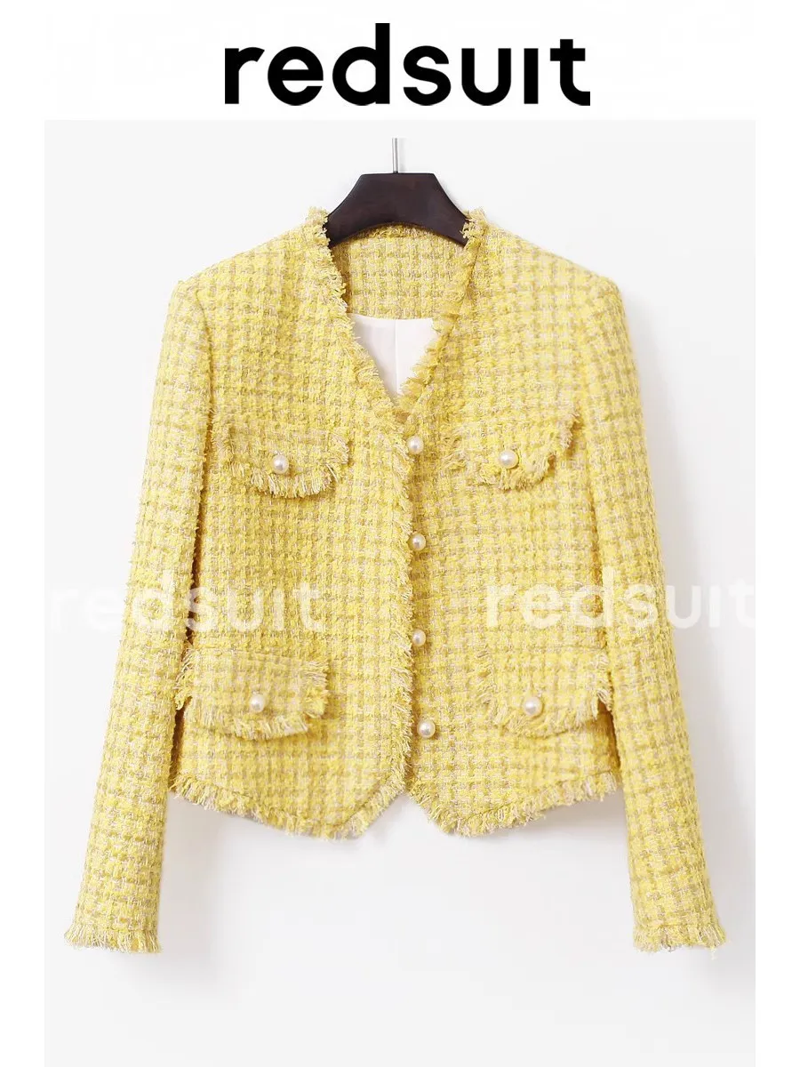 New Yellow V-neck coat, coarse woolen woven tassel versatile short top custom size