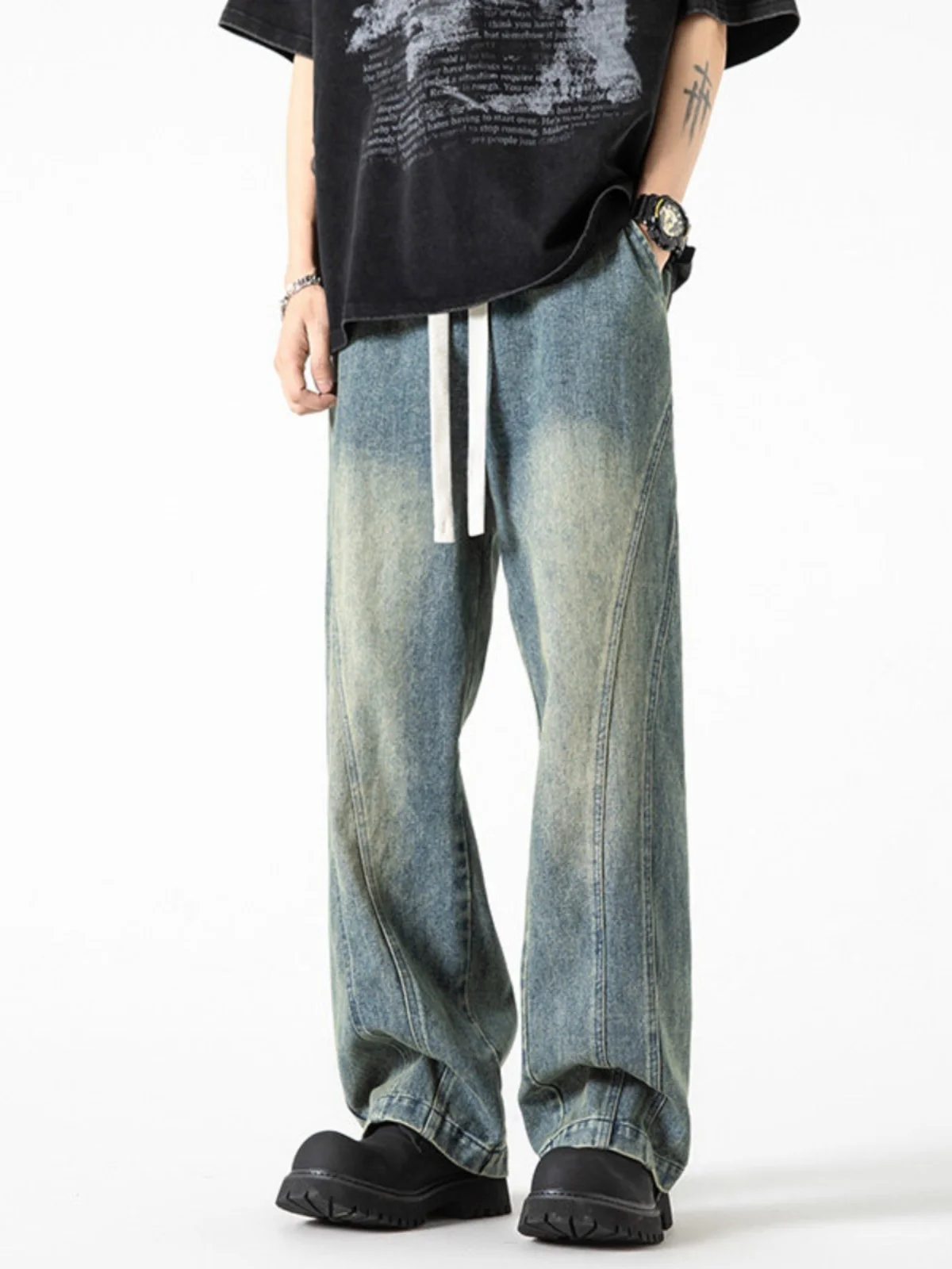 

American Retro Workwear Jeans Men's Spring Autumn Hiphop Loose Wide Leg Pants Trendy Brand Youthful Wear Resistant