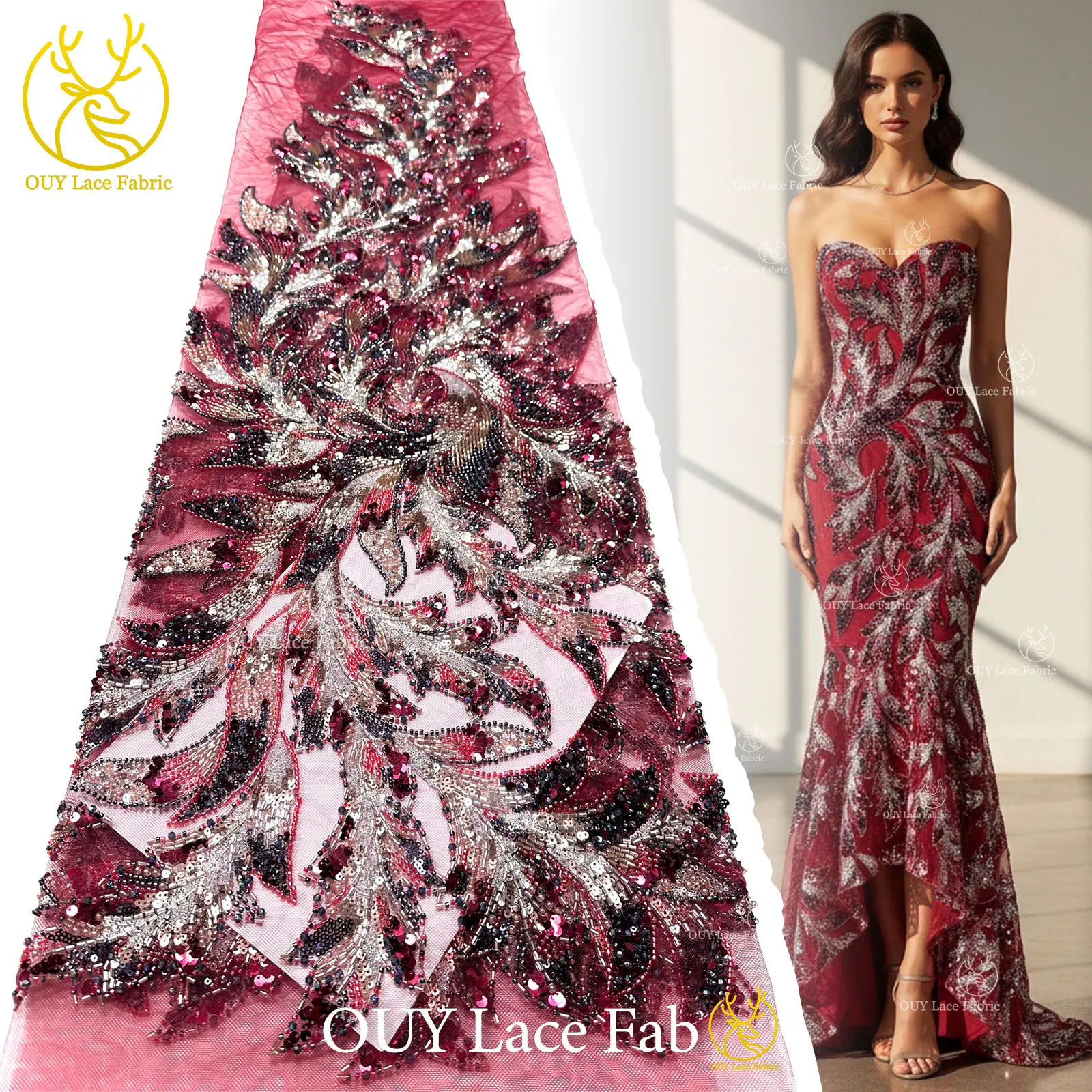 

2026 African Lace Fabric Luxury Customised French Groom Heavy Beaded Lace Nigeria Sequin Lace Fabric Women's Party Dresses