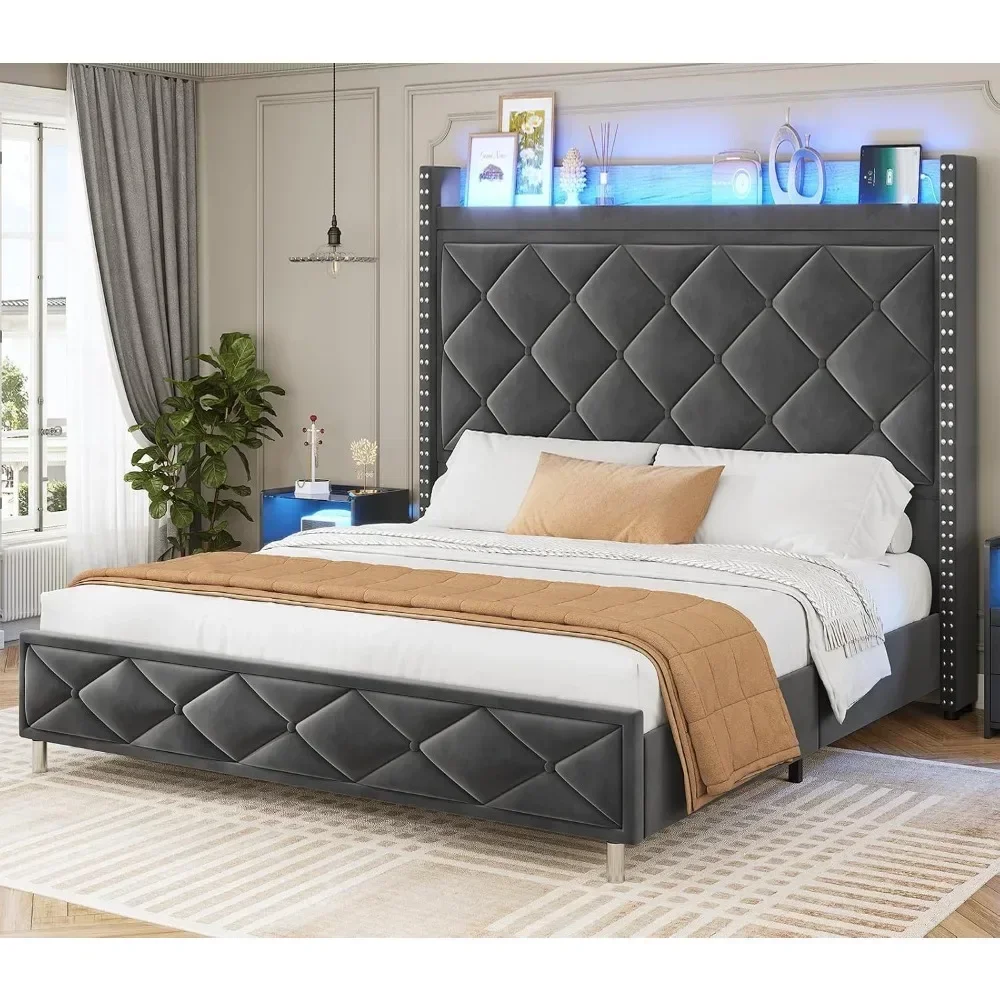 

King Size Bed Frame with Tall Headboard, Kings Size Bed Frame with Charging Station, Led Upholstered Bed Frame King