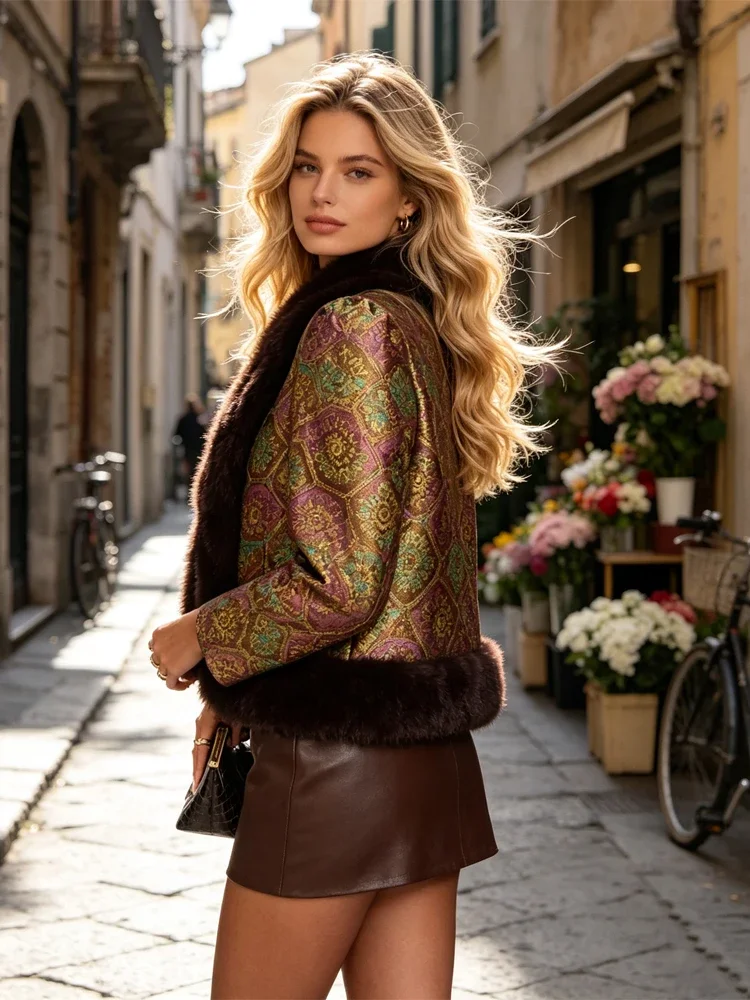 Ladies Faux Fur Trim Jacquard Cropped Jacket Elegant Long Sleeve Open Front Fitted Coat Autumn Winter Daily Street Outerwear