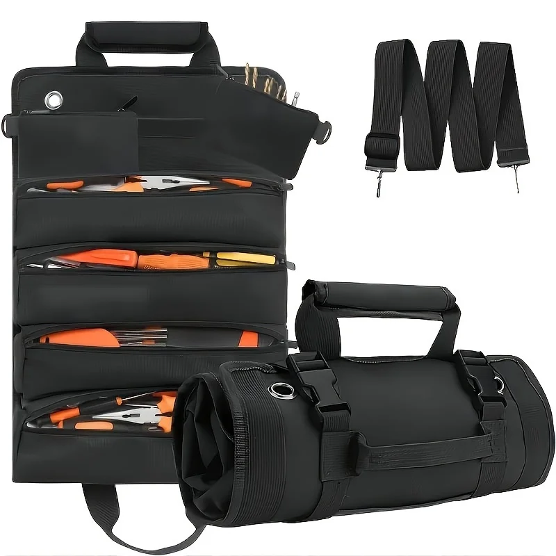 Durable Tool Storage Bag for Electricians & Mechanics, Handheld Roll-Up Design, Multiple Compartments, Adjustable Straps
