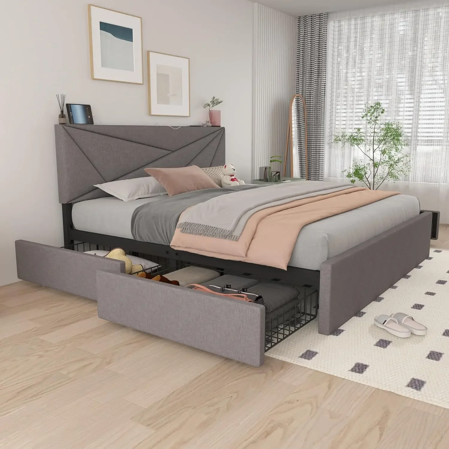 

Full Size Bed Frame with 4 Drawers and Adjustable Headboard, Upholstered Platform Bed with Type-C & USB Port Charging Station。