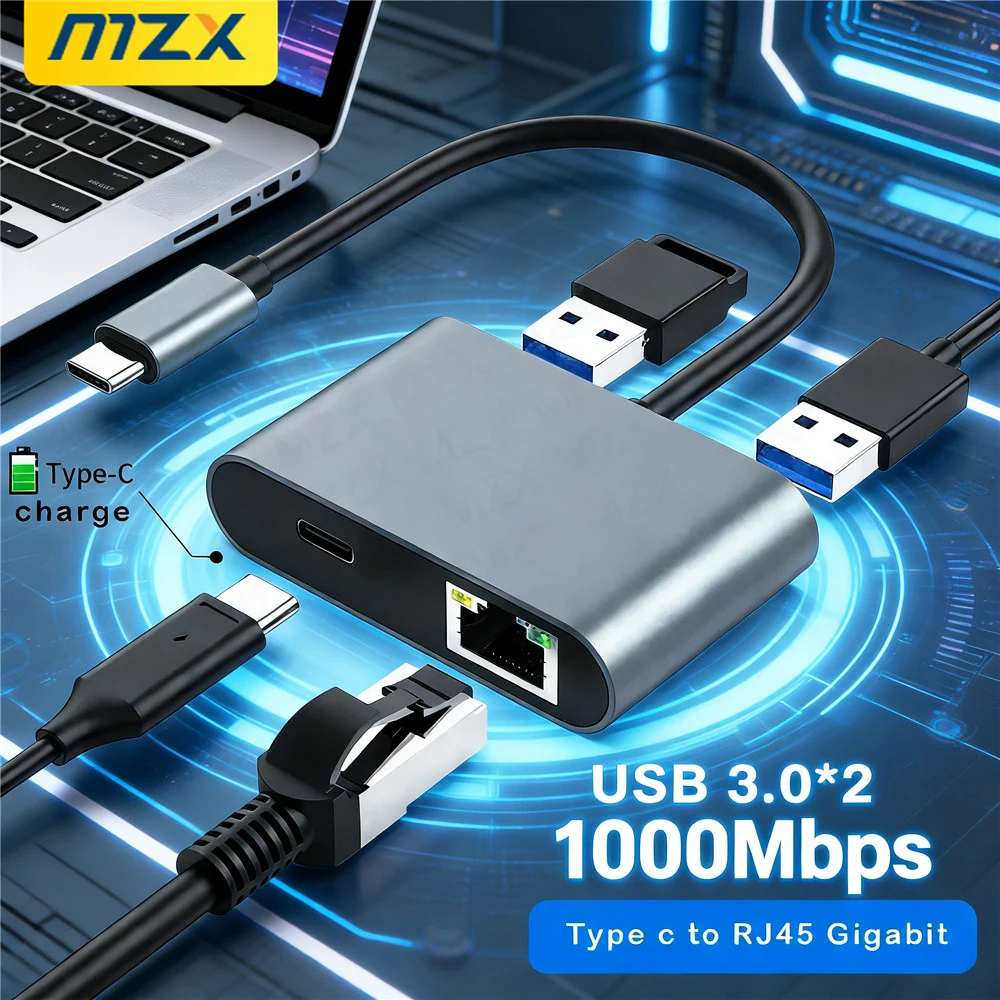 

MZX 1000Mbs RJ45 Network Card 1G Adapter USB C Docking Station PD 60W Ethernet Type Hub Gigabit LAN Dock Concentrator Laptop Hub