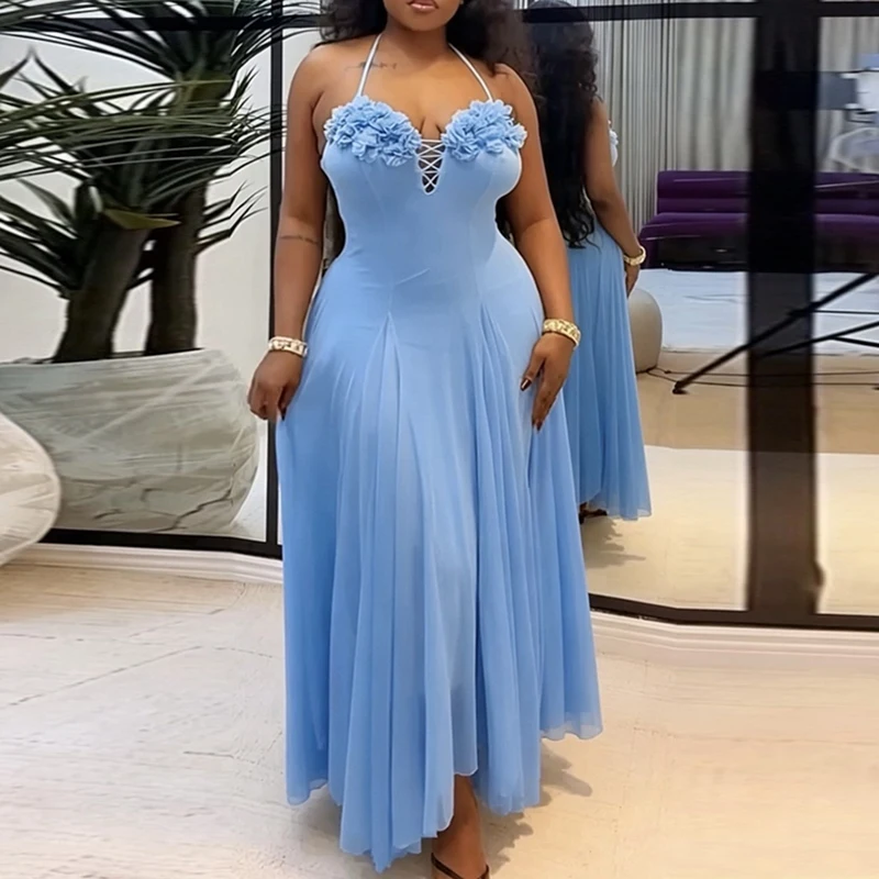 Summer New High Waist Women's Vacation Dress Sexy Low-cut 3D Floral Chiffon Maxi Dress Elegant Sleeveless Hollow Out Pleat Dress