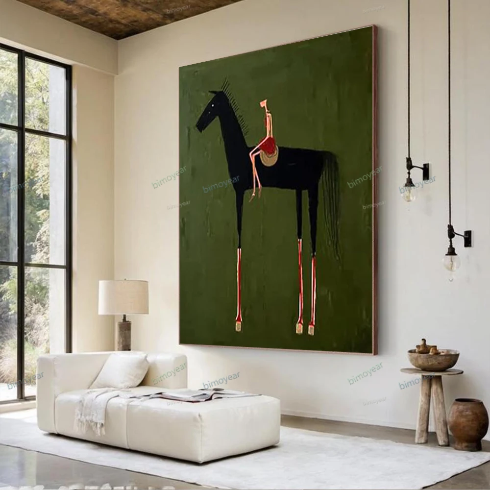 Vintage Abstract Horse &amp Figure Canvas Art Olive Green Textured Wall Decor Art Minimalist Figure Painting Large Surreal Horse