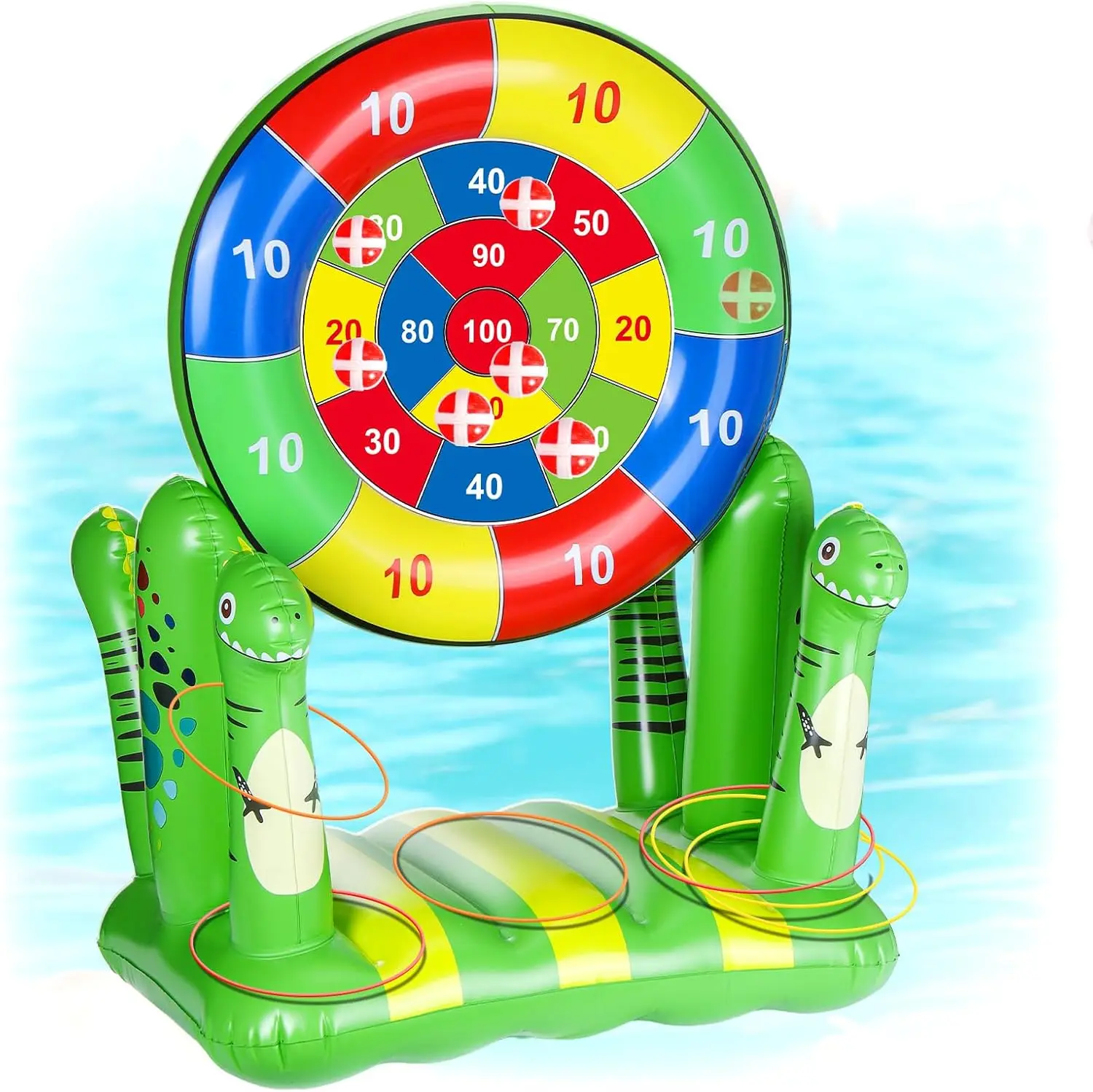 

Kids Dinosaur Pool Floats Toys 2 in 1 Inflatable Dart Board Hoop Ring Toss Swim Play Family Outdoor Water Cool Pool Yard Party D