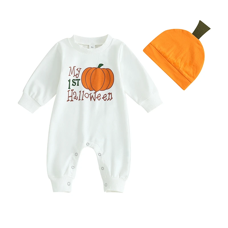 

Baby Girls Boys Rompers Halloween Clothes Pumpkin Letter Print Long Sleeve Jumpsuits Fall Bodysuits with Hat