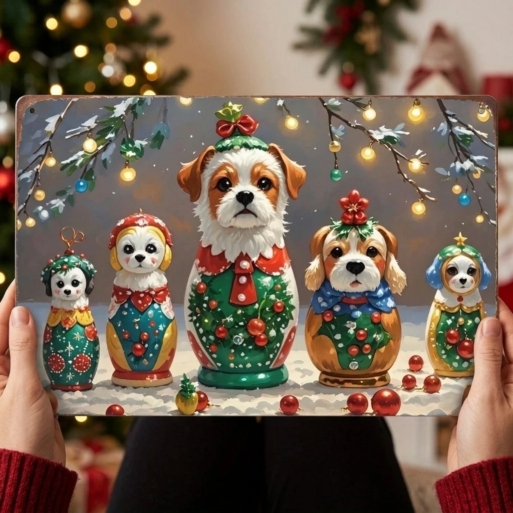Christmas Eve Dog Nested Doll Tin Logo -8x12 inch Retro Metal Mural, Frameless Charm Decoration for Bathroom, Caf é, Home - Festive Wall Plaque