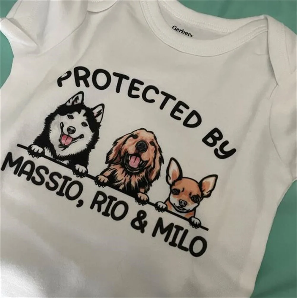 Baby Shower Gift, Protected By Dog Bodysuit, Custom Pet Personalized Dog Name Baby Gift, Custom Cat Baby Outfit