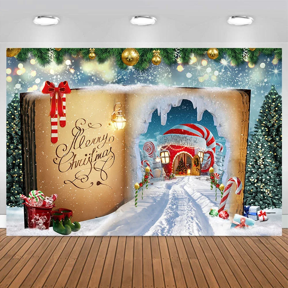 Mocsicka Christmas Photography Background Winter Santa Claus Hat House Candy Fairy Book Photo Backdrop Baby Birthday Snow Studio