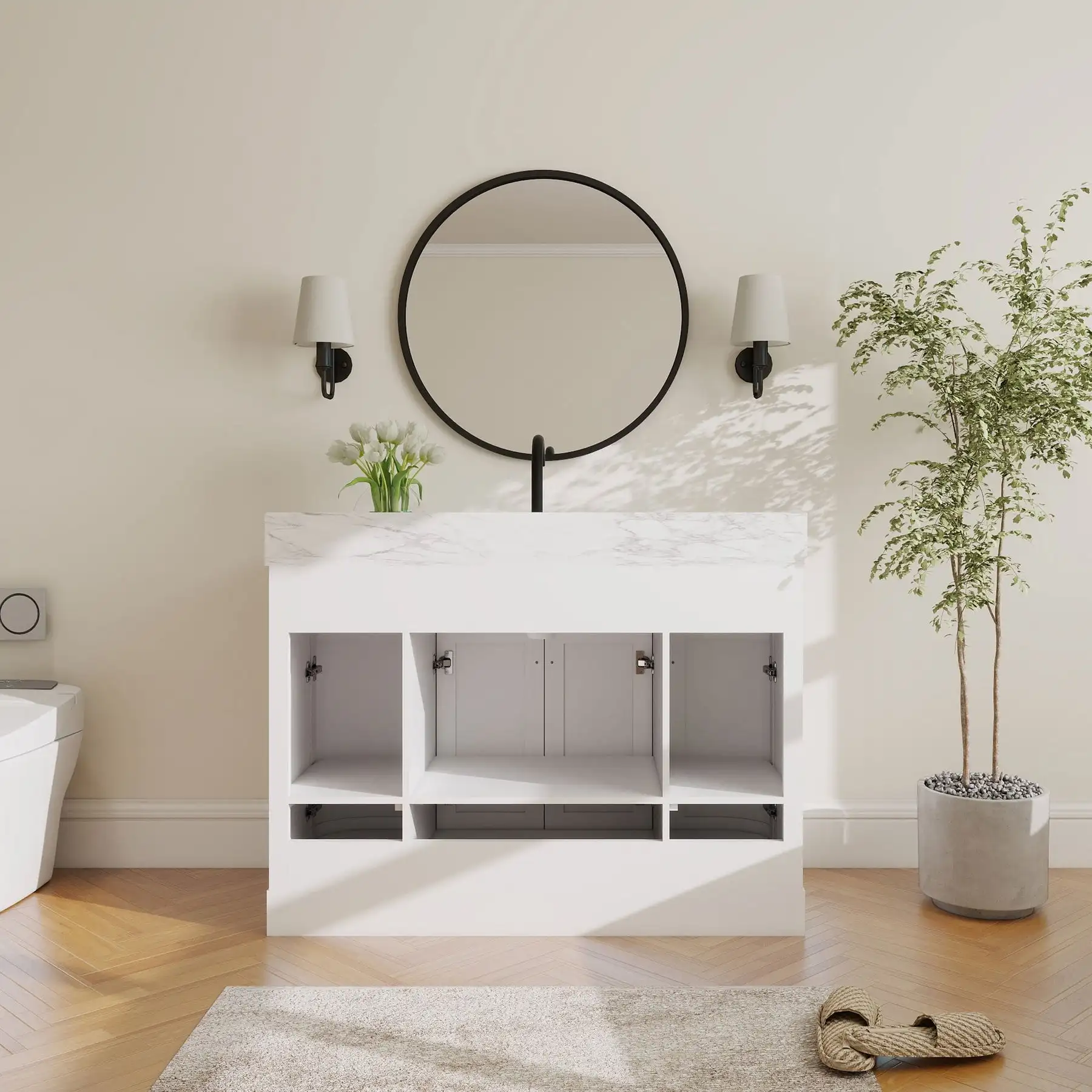 

Modern Double Vanity Cabinets 60 Inch with Curved Design Opuluxe Freestanding Bathroom Storage US Local Stock