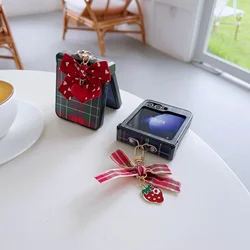 PU Leather Wrist Strap Cute Bowknot Plaid Phone Case for Samsung Galaxy Z Flip 6 5 4 3 5G Hinge Protection Shockproof Cover