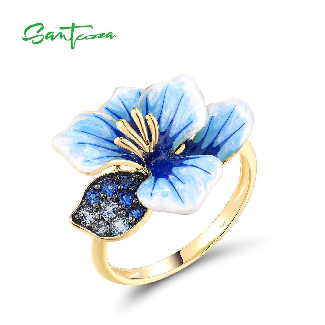 

SANTUZZA Authentic 925 Sterling Silver Ring For Women Sparkling Blue Spinel Enamel Flower Chic Wedding Gifts Fine Jewelry