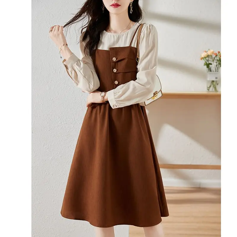 2024Spring Autumn New Fashion Elegant Round Neck Long sleeved Pullover Clothing Casual Versatile Western Commuter Women Dresses