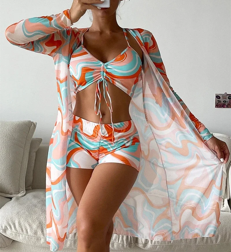 2025 Costume da bagno 3 pezzi delle nuove donne Stampa tie-dyed Tankini + Cappotto lungo in rete Cover Up Costumi da bagno Push Up Pantaloncini a vita alta Costumi da bagno