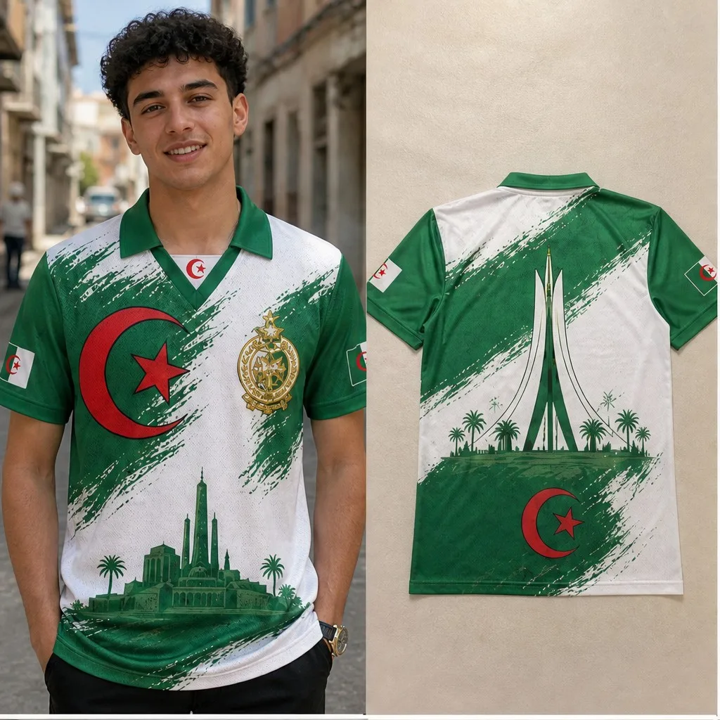 Mens Half Polo V Neck T Shirt Algeria Brush Stripe Crest Monument Graphic Short Sleeve Casual Athletic Jersey Top Patriotic Wear